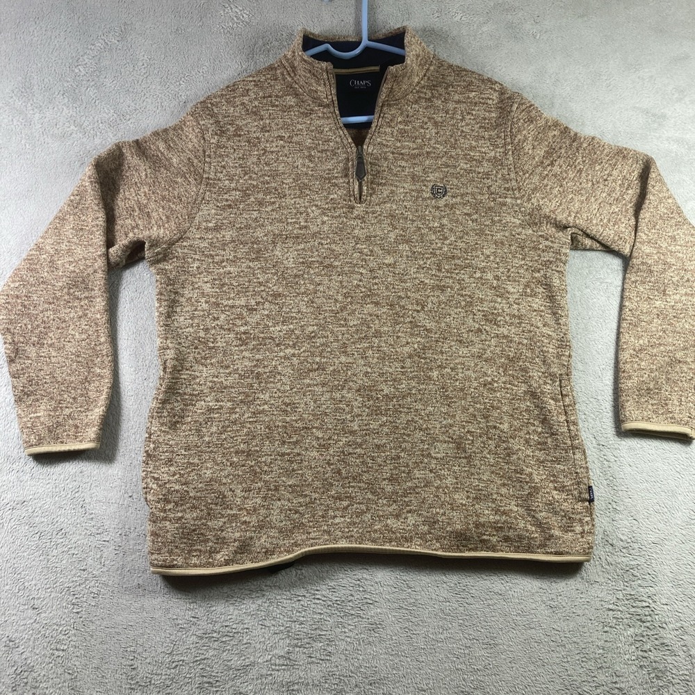 Chaps Sweater Men Large Brown 1/4 Zip Pullover Fleece Sweatshirt Pockets Logo